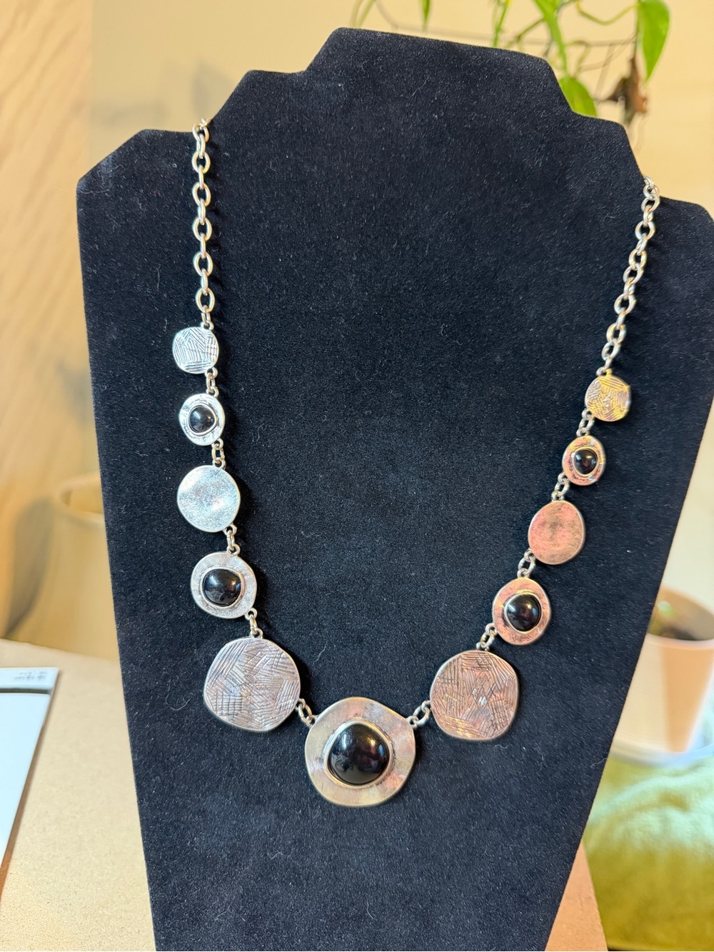 Silver-Tone Black Stone Statement Necklace